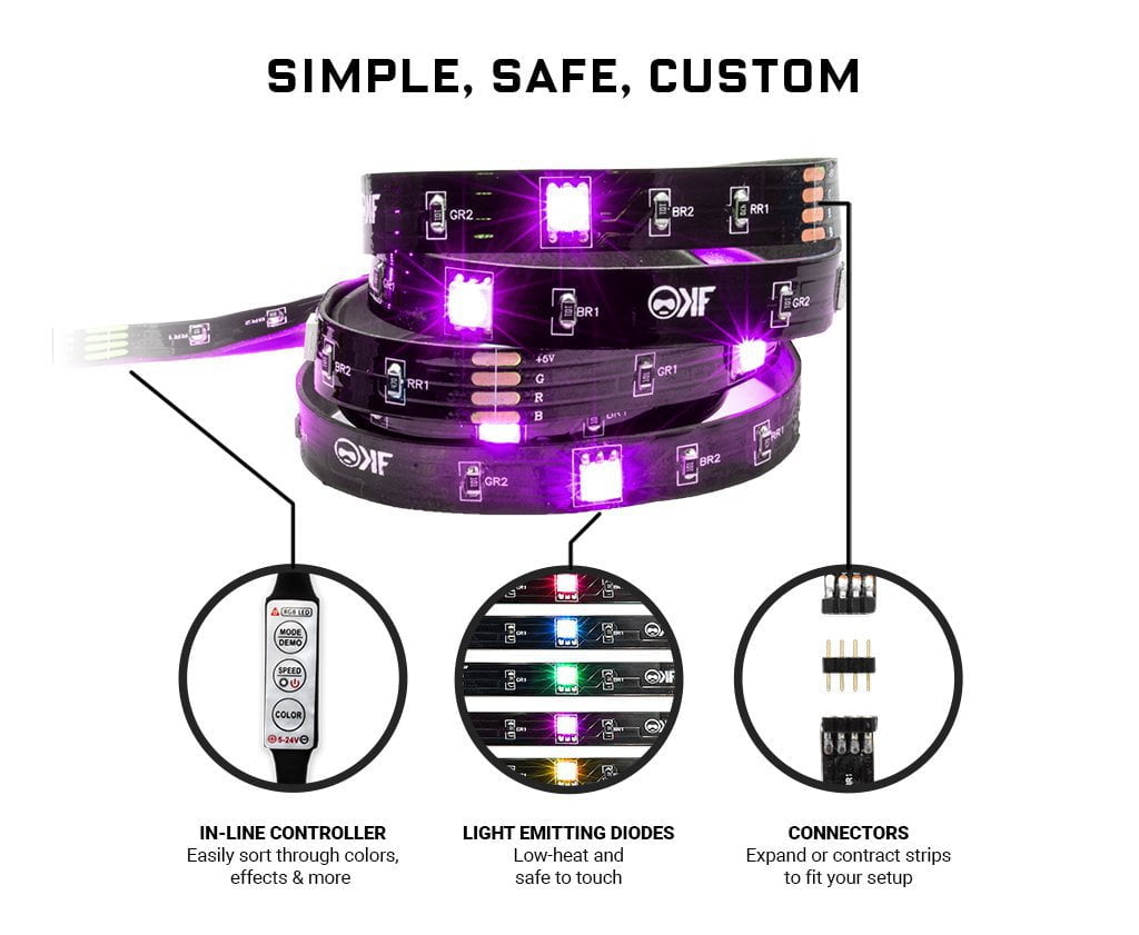 KontrolFreek Gaming Lights: LED Strip Lights 9 ft USB Powered with Controller 3M Adhesive for TV Console PC Wall